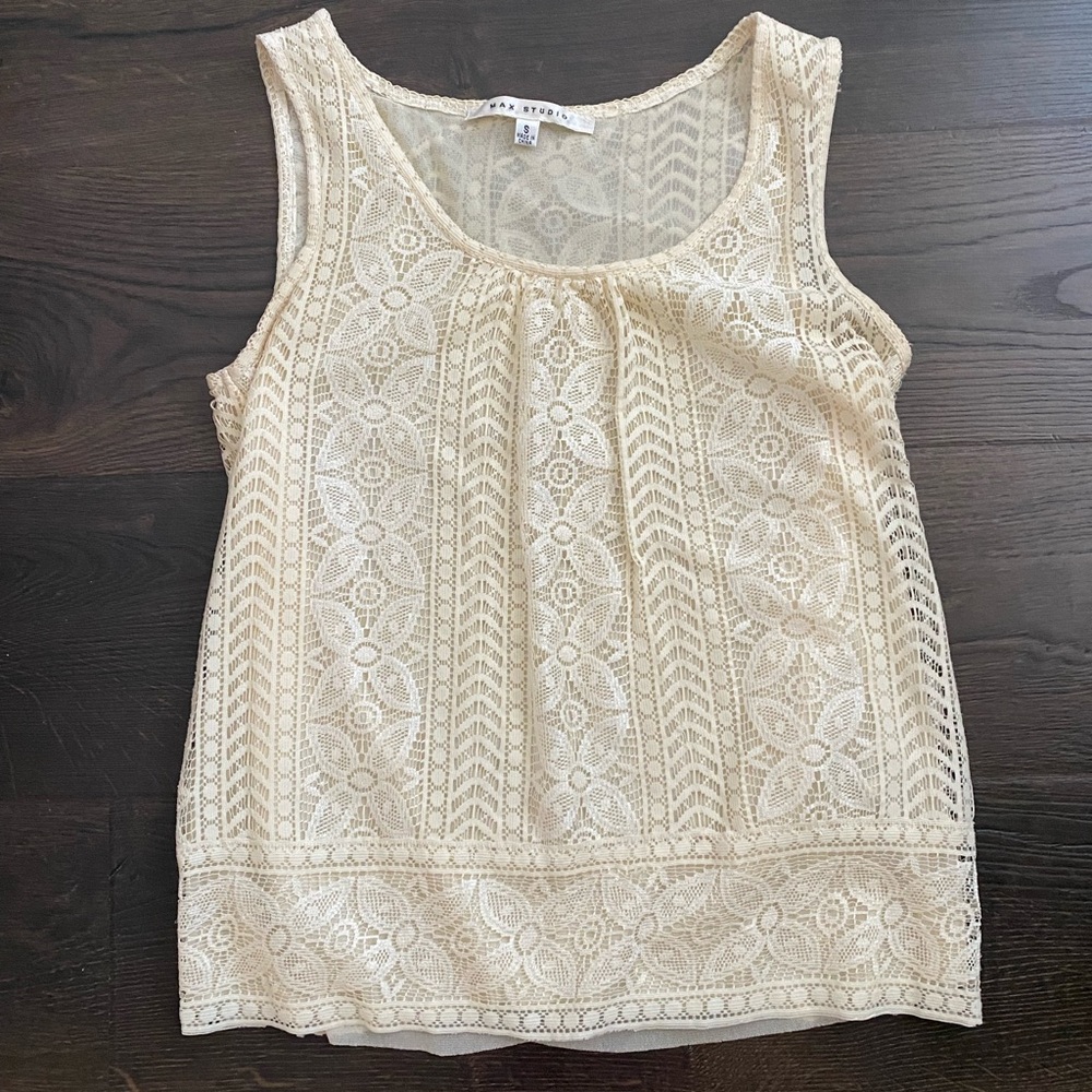 Max Studio Cream Lace Ruffle Tank Feminine Romantic Top Size S